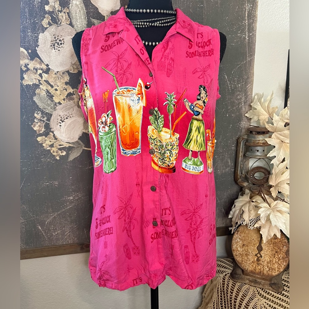 Big Dogs Vintage Pink Hawaiian Tiki Cocktail Shirt 5 O’Clock Somewhere Blouse M